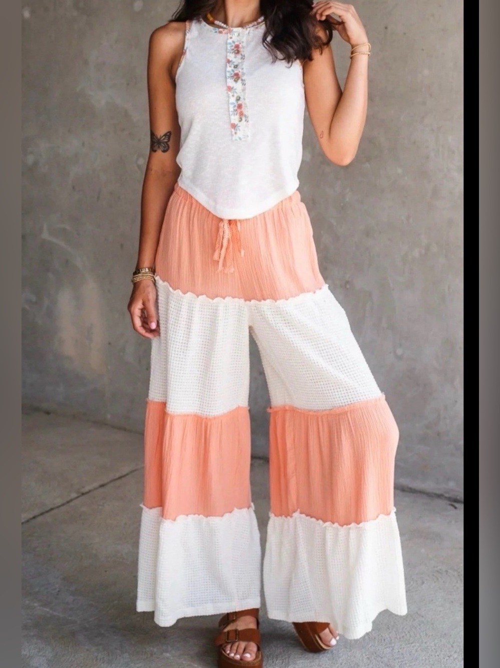 POL Women's Peach & White Colorblock Wide-Leg double gauze Boho Pants Size Small